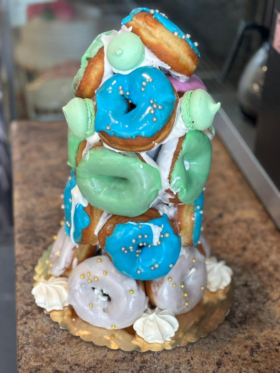 Colorful character-themed donut tower