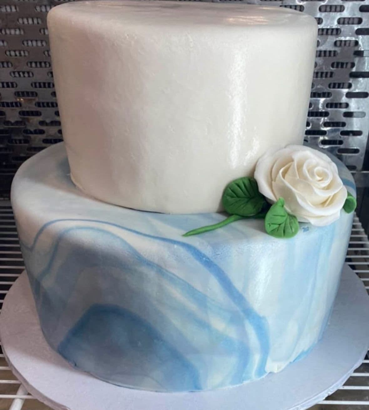 Blue marble two-tier wedding cake