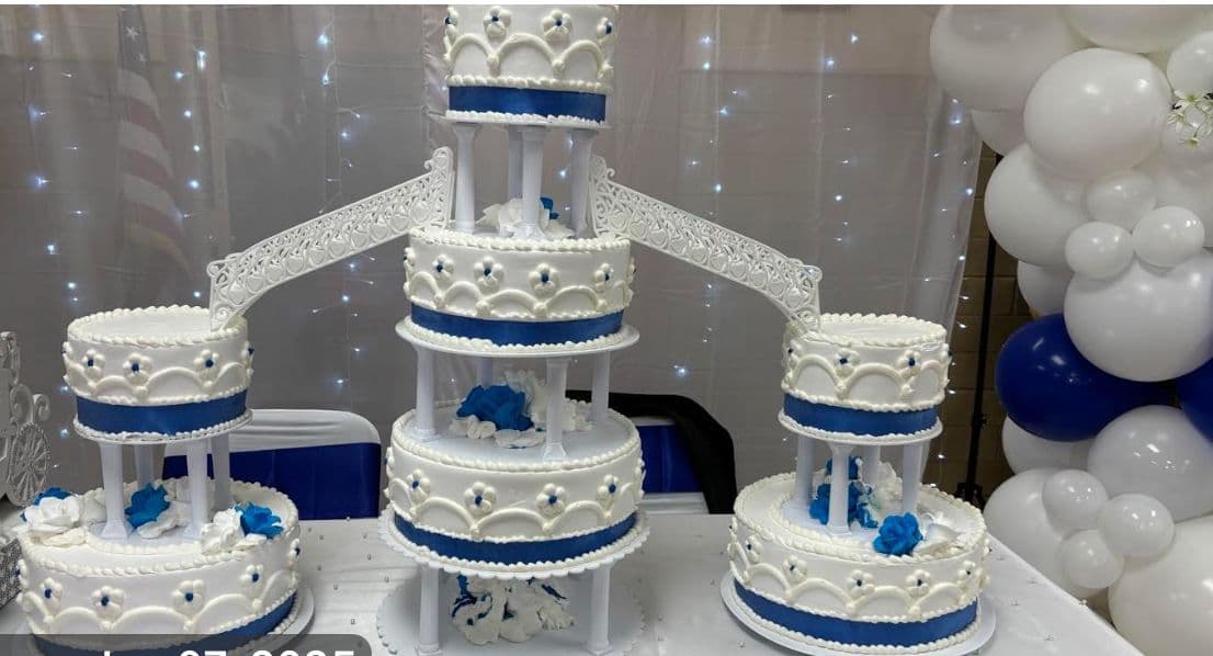 Blue and white multi-tier celebration cake stand